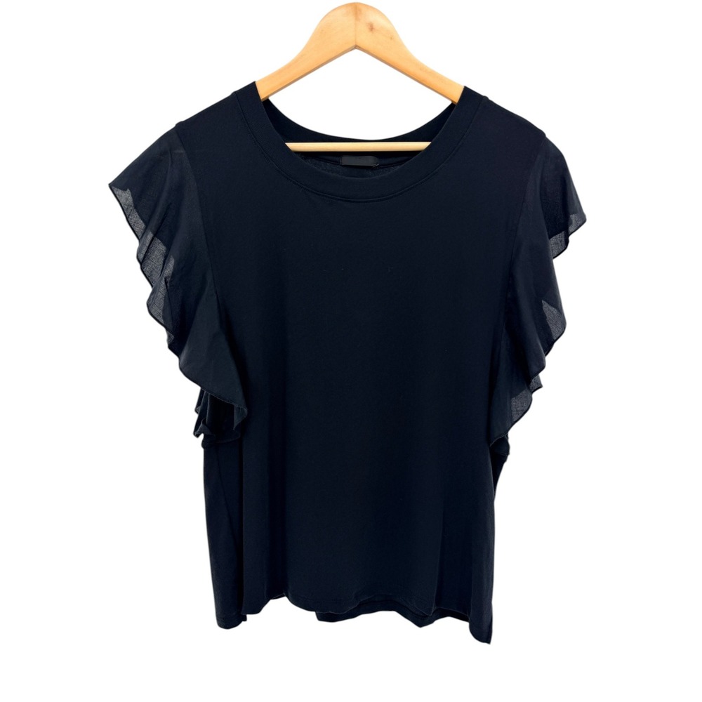ATM Anthony Thomas Melillo Black Ruffle Flutter Sleeve Cotton Tee NEW‎ Large
